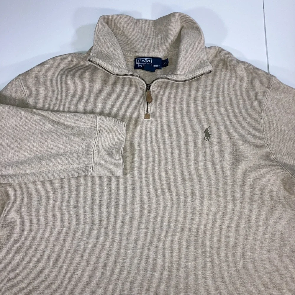 Polo Ralph Lauren Men's XL Oatmeal Cotton Knit 1/4 Zip Mock Neck Sweater